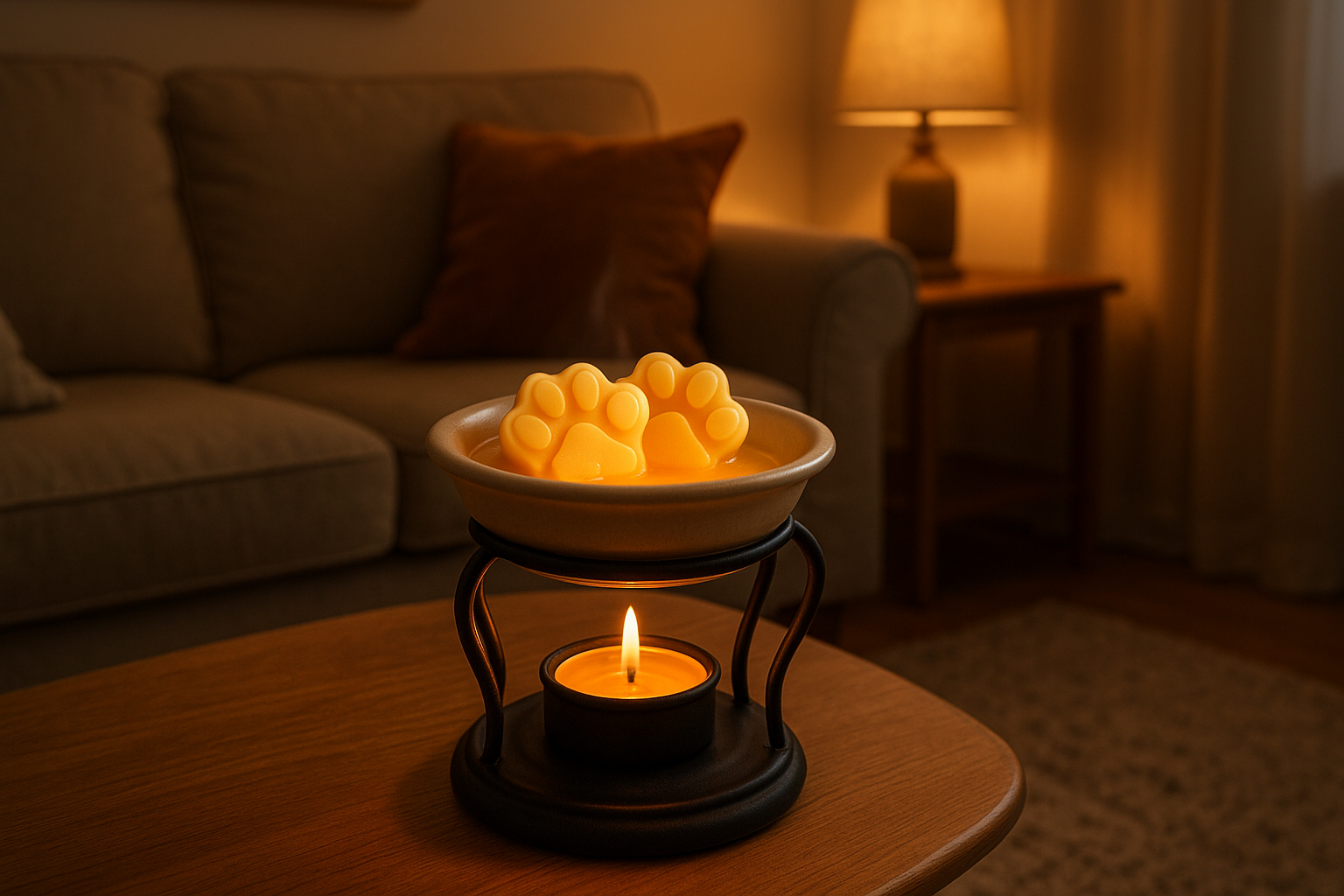 living room area with candle melts in the shape of dog paws melting inside a melter