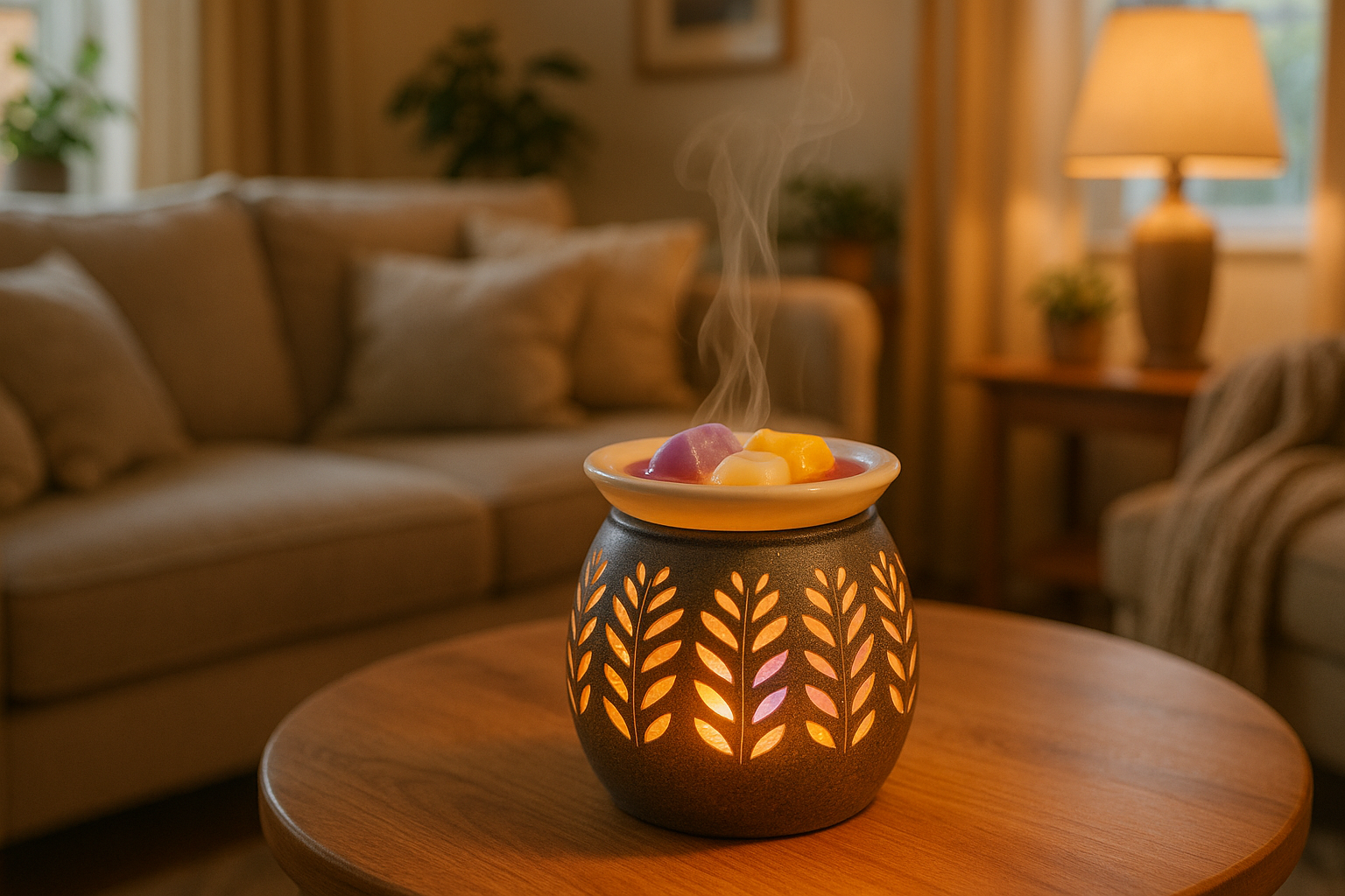 Living room area with wax melts melting inside of a burner